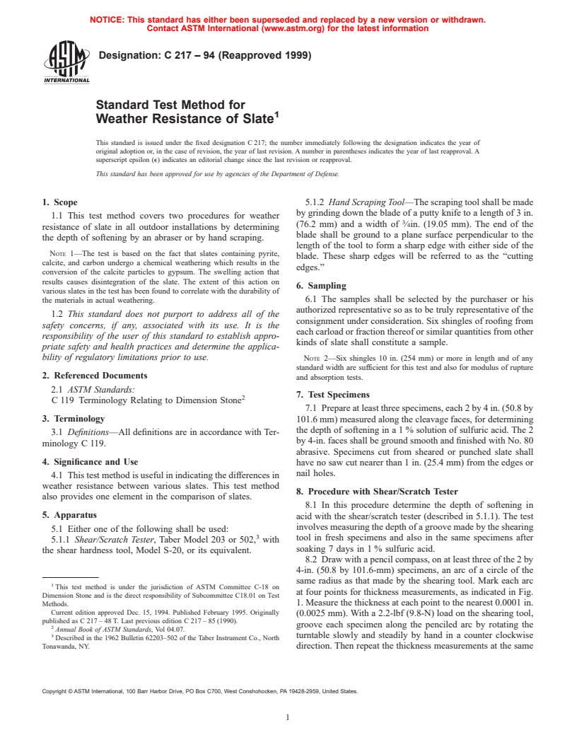 ASTM C217-94(1999) - Standard Test Method for Weather Resistance of Slate