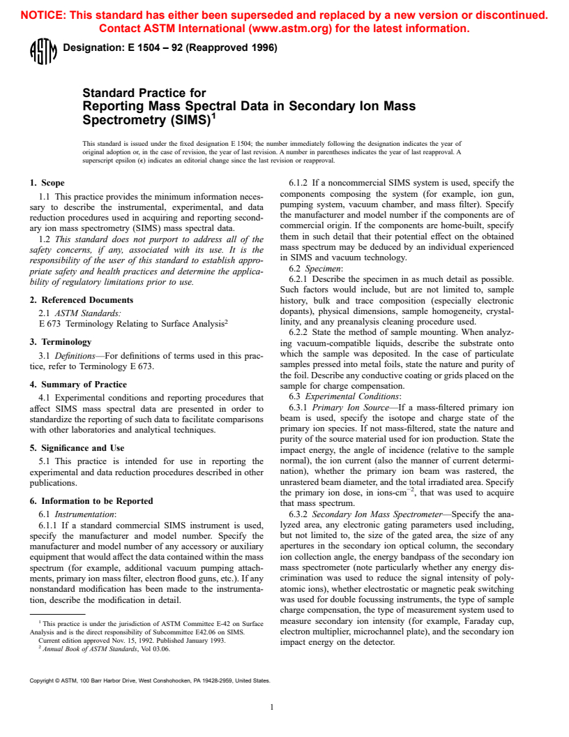 ASTM E1504-92(1996) - Standard Practice for Reporting Mass Spectral Data in Secondary Ion Mass Spectrometry (SIMS)