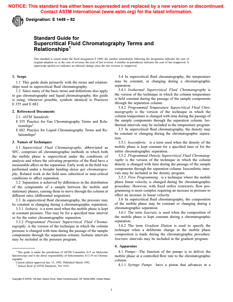 ASTM E1449-92 - Standard Guide for Supercritical Fluid Chromatography Terms and Relationships