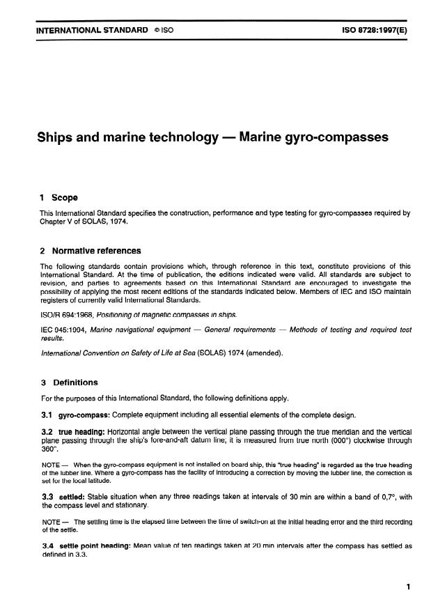 ISO 8728:1997 - Ships and marine technology -- Marine gyro-compasses