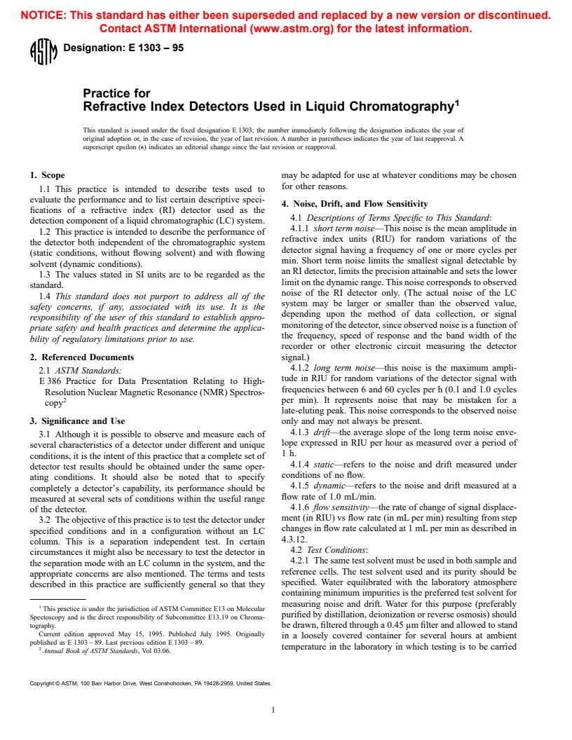 ASTM E1303-95 - Practice for Refractive Index Detectors Used in Liquid Chromatography