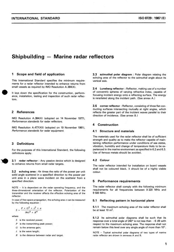 ISO 8729:1987 - Shipbuilding -- Marine radar reflectors