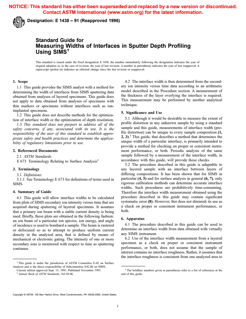 ASTM E1438-91(1996) - Standard Guide for Measuring Widths of Interfaces in Sputter Depth Profiling Using SIMS