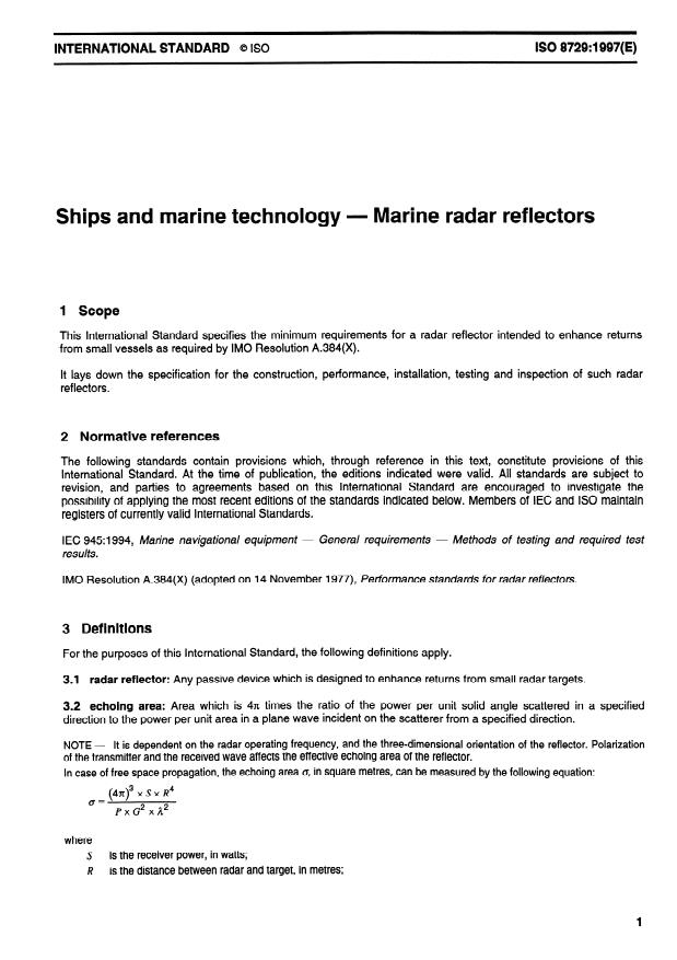 ISO 8729:1997 - Ships and marine technology -- Marine radar reflectors