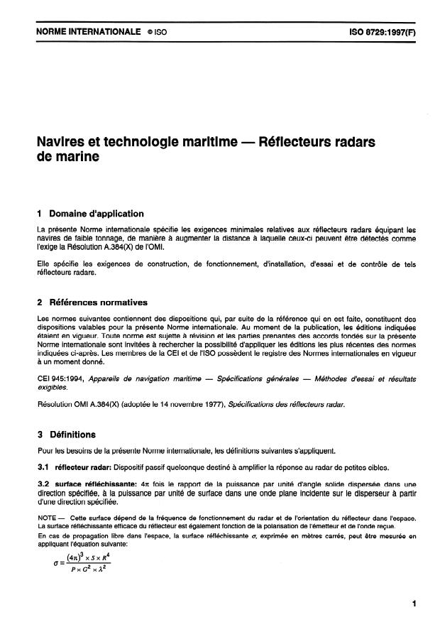 ISO 8729:1997 - Navires et technologie maritime -- Réflecteurs radars de marine