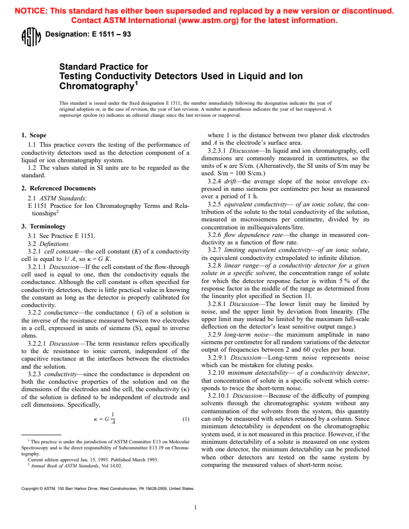 ASTM E1511-93 - Standard Practice for Testing Conductivity Detectors Used in Liquid and Ion Chromatography