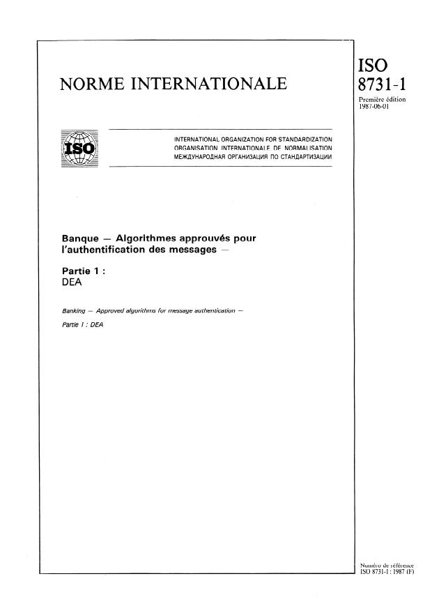 ISO 8731-1:1987 - Banque -- Algorithmes approuvés pour l'authentification des messages