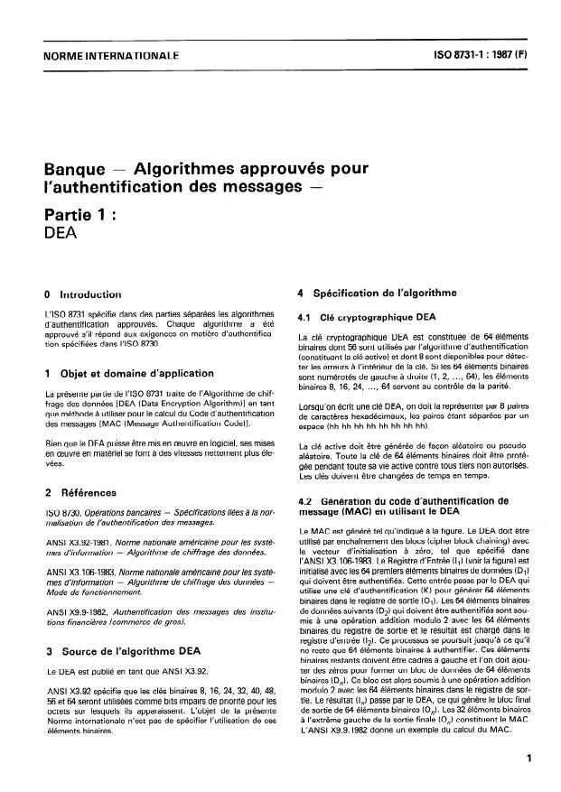 ISO 8731-1:1987 - Banque -- Algorithmes approuvés pour l'authentification des messages