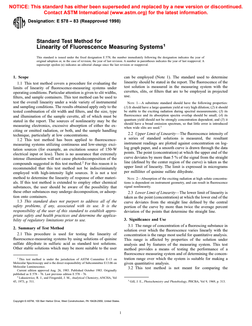 ASTM E578-83(1998) - Standard Test Method for Linearity of Fluorescence Measuring Systems