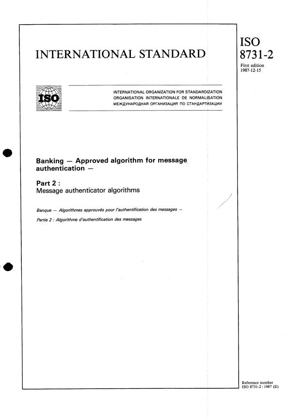 ISO 8731-2:1987 - Banking -- Approved algorithm for message authentication