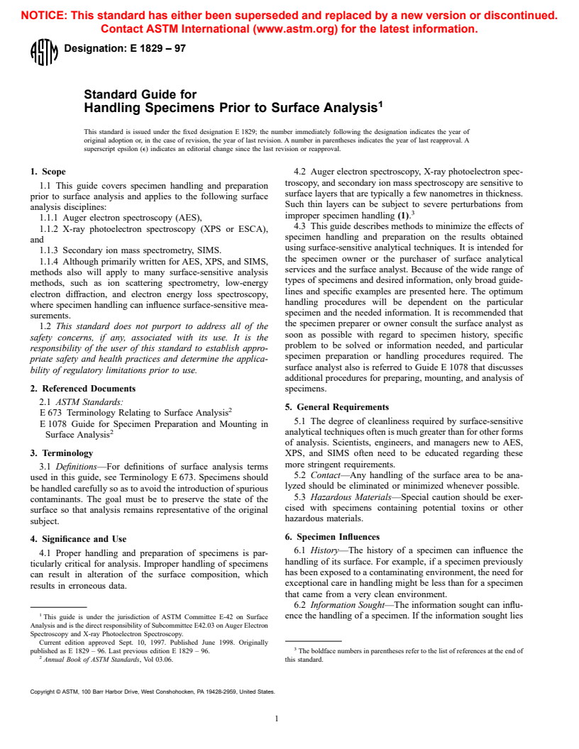 ASTM E1829-97 - Standard Guide for Handling Specimens Prior to Surface Analysis