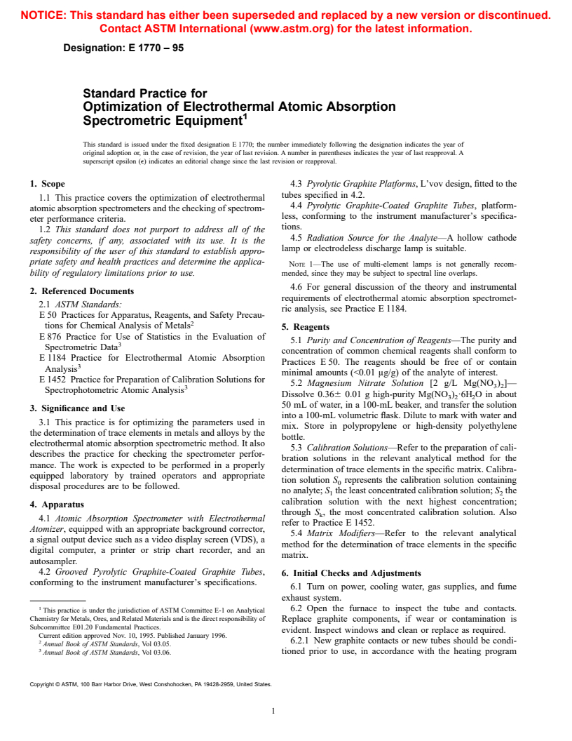 ASTM E1770-95 - Standard Practice for Optimization of Electrothermal Atomic Absorption Spectrometric Equipment