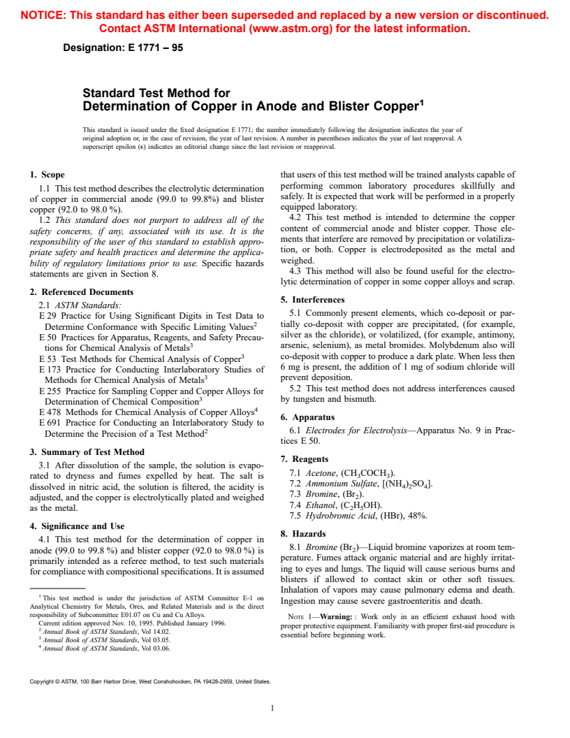 ASTM E1771-95 - Standard Test Method for Determination of Copper in Anode and Blister Copper