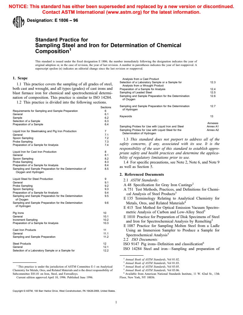 ASTM E1806-96 - Standard Practice for Sampling Steel and Iron for Determination of Chemical Composition