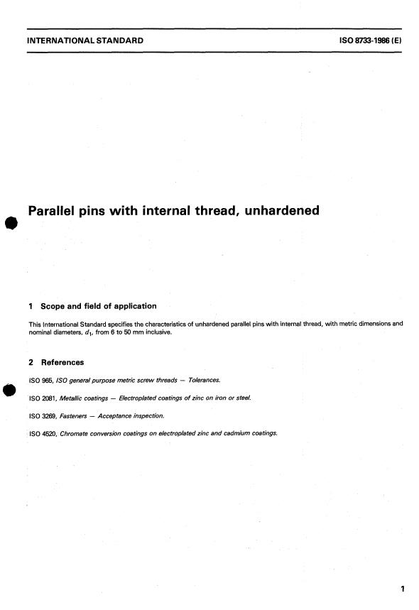 ISO 8733:1986 - Parallel pins with internal thread, unhardened