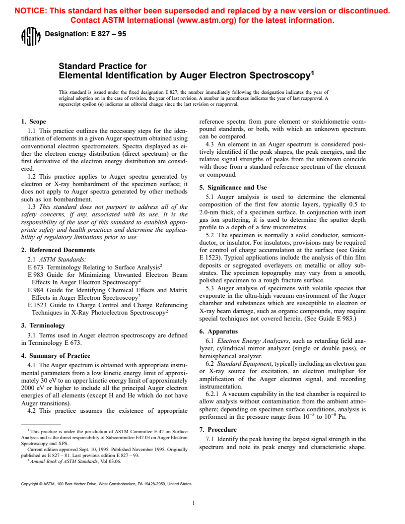 ASTM E827-95 - Standard Practice for Indentifying Elements by the Peaks in Auger Electron Spectroscopy