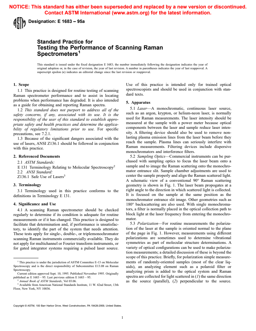 ASTM E1683-95A - Standard Practice for Testing the Performance of Scanning Raman Spectrometers