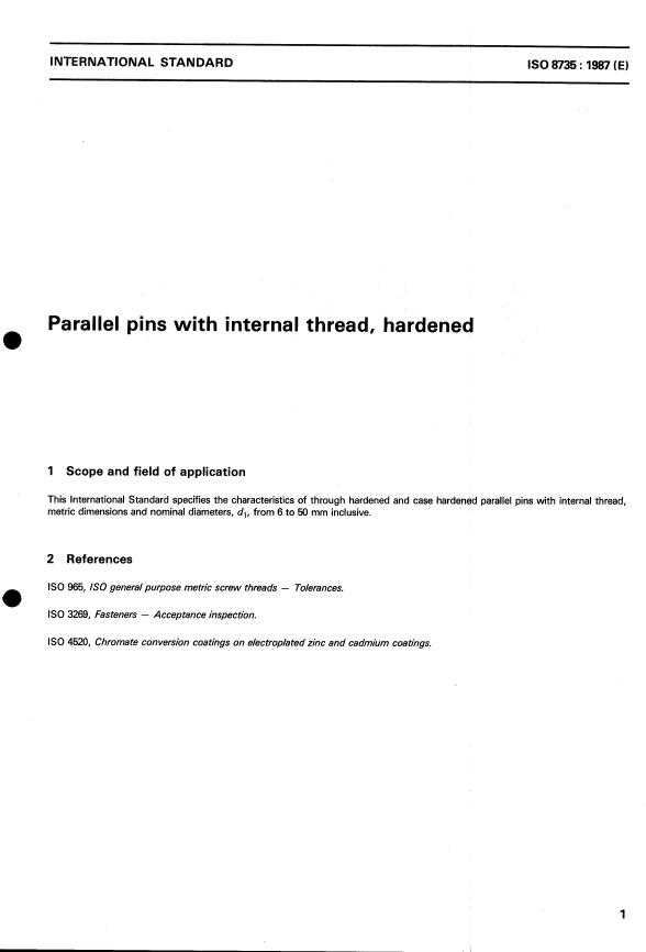 ISO 8735:1987 - Parallel pins with internal thread, hardened