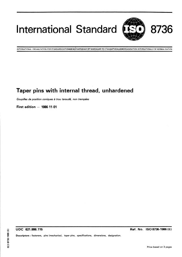ISO 8736:1986 - Taper pins with internal thread, unhardened
