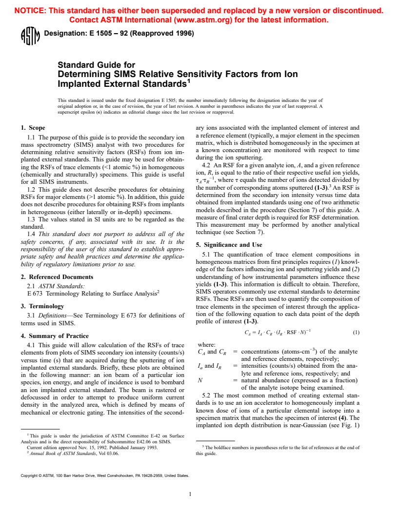 ASTM E1505-92(1996) - Standard Guide for Determining SIMS Relative Sensitivity Factors from Ion Implanted External Standards