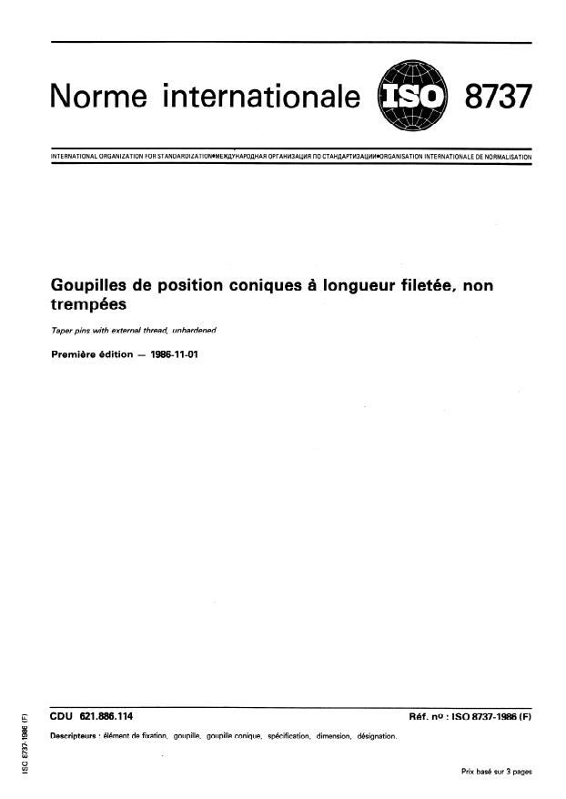 ISO 8737:1986 - Goupilles de position coniques a longueur filetée, non trempées