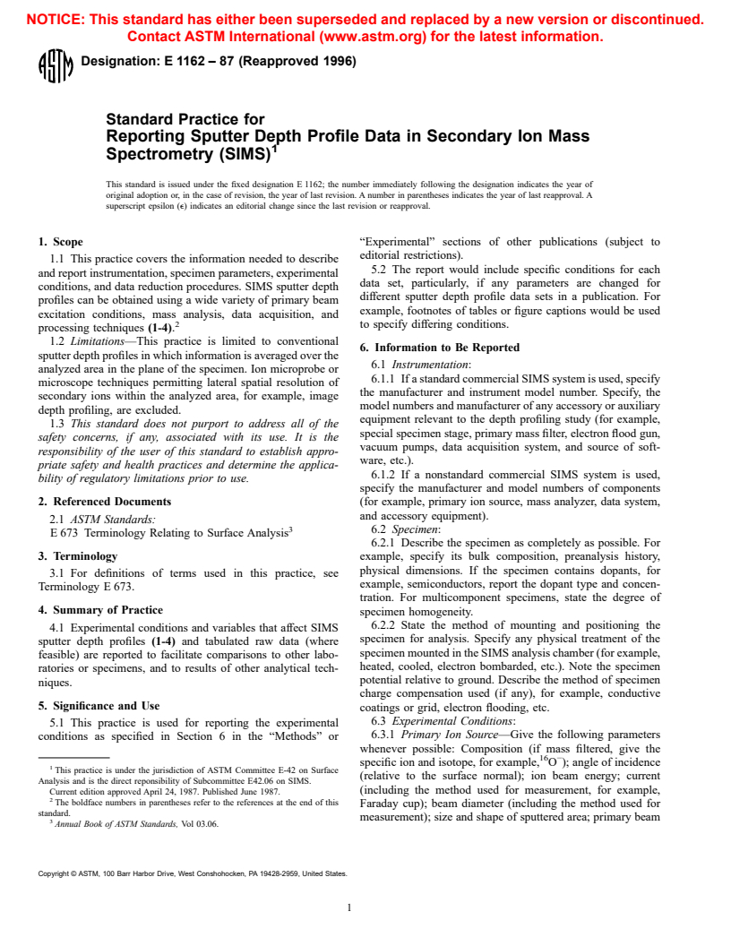 ASTM E1162-87(1996) - Standard Practice for Reporting Sputter Depth Profile Data in Secondary Ion Mass Spectrometry (SIMS)