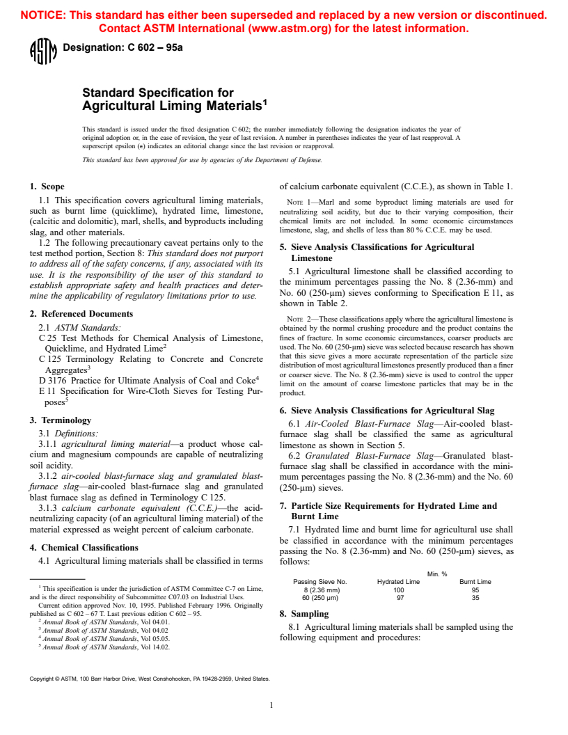 ASTM C602-95a - Standard Specification for Agricultural Liming Materials