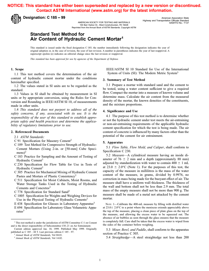ASTM C185-99 - Standard Test Method for Air Content of Hydraulic Cement Mortar