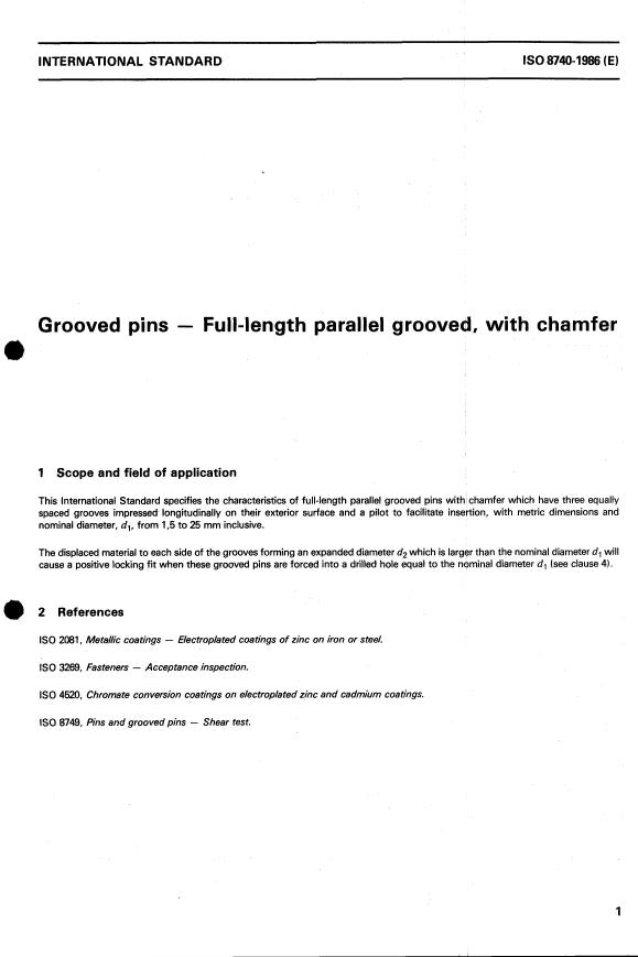 ISO 8740:1986 - Grooved pins -- Full length parallel grooved, with chamfer