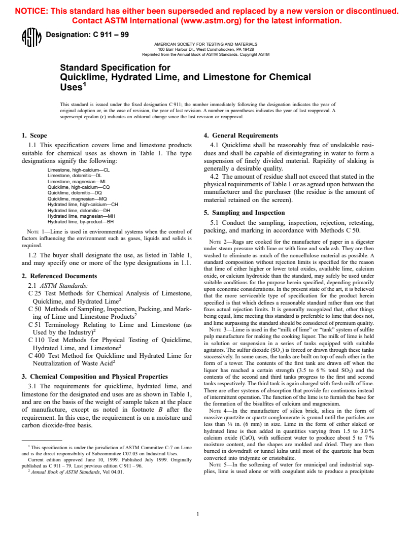 ASTM C911-99 - Standard Specification for Quicklime, Hydrated Lime, and Limestone for Chemical Uses