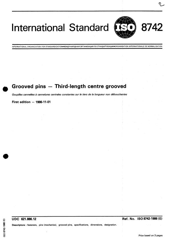 ISO 8742:1986 - Grooved pins -- Third-length centre grooved