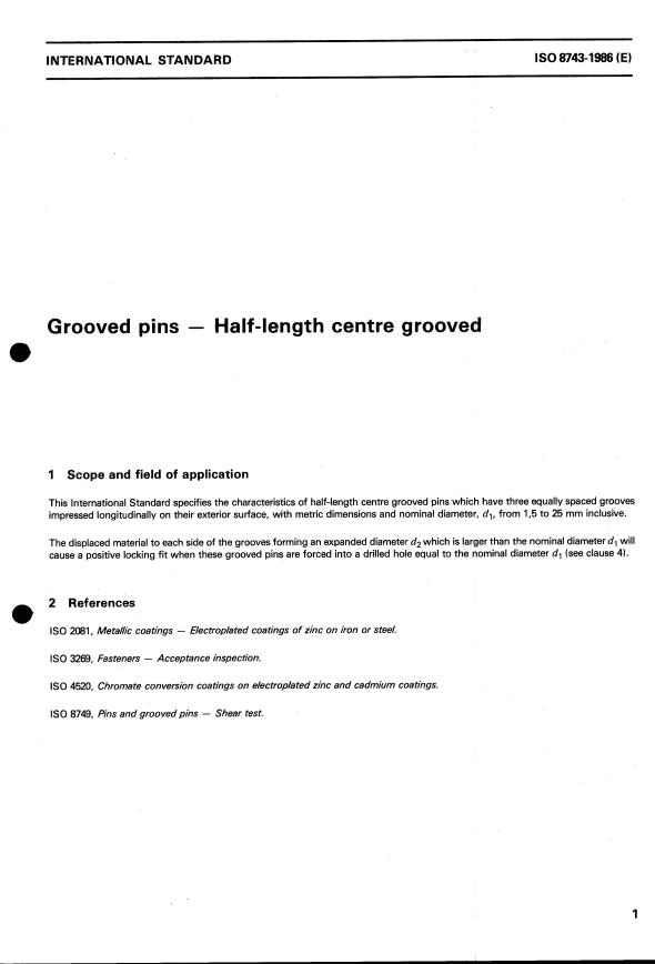 ISO 8743:1986 - Grooved pins -- Half-length centre grooved