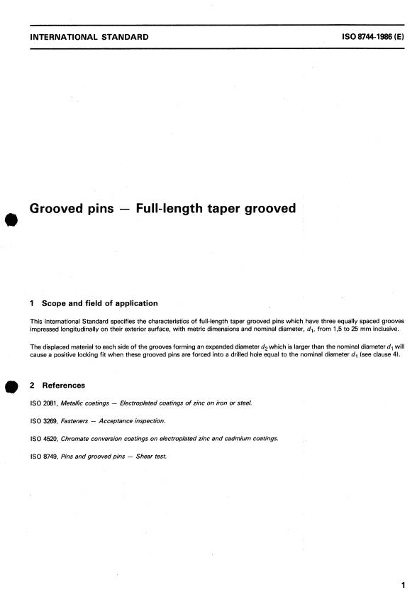 ISO 8744:1986 - Grooved pins -- Full-length taper grooved