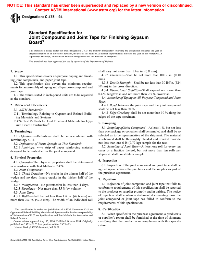 ASTM C475-94 - Standard Specification for Joint Compound and Joint Tape for Finishing Gypsum Board