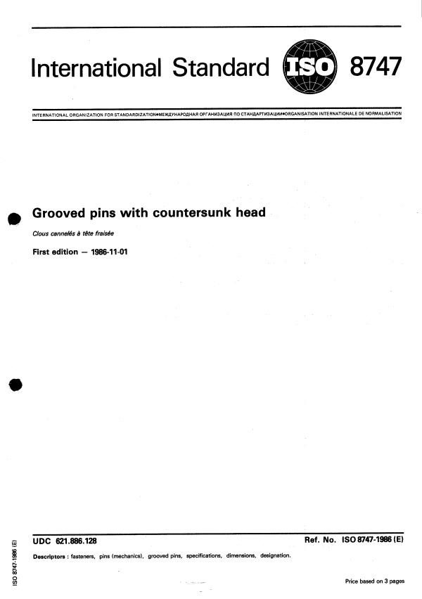 ISO 8747:1986 - Grooved pins with countersunk head
