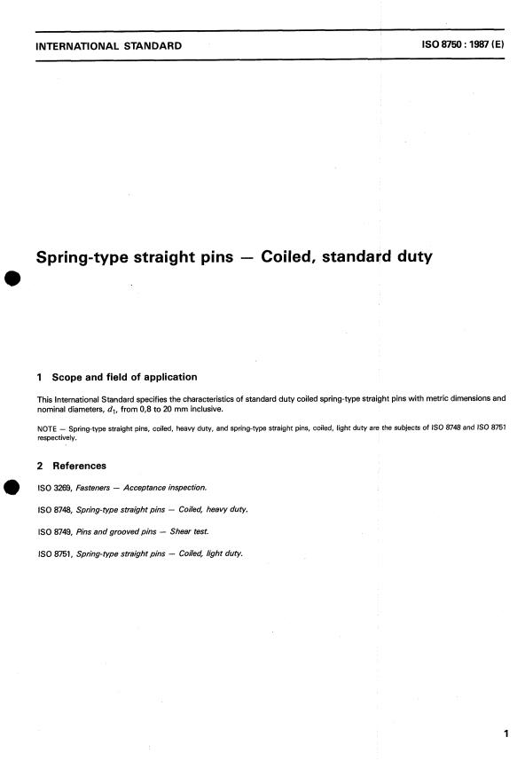 ISO 8750:1987 - Spring-type straight pins -- Coiled, standard duty