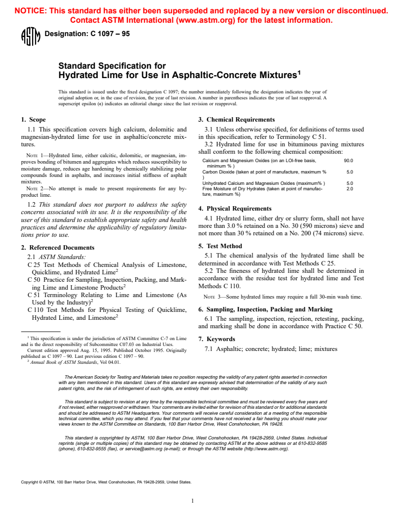 ASTM C1097-95 - Standard Specification for Hydrated Lime for Use in Asphaltic-Concrete Mixtures