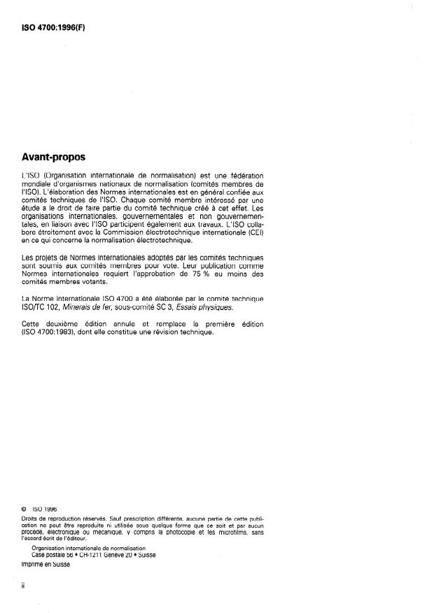 ISO 4700:1996 ISO 4700:1996 - Boulettes de minerais de fer -- Détermination de la résistance a l'écrasement - Page 2 preview