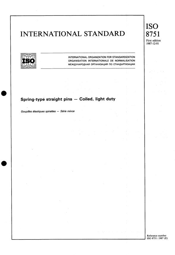 ISO 8751:1987 - Spring-type straight pins -- Coiled, light duty