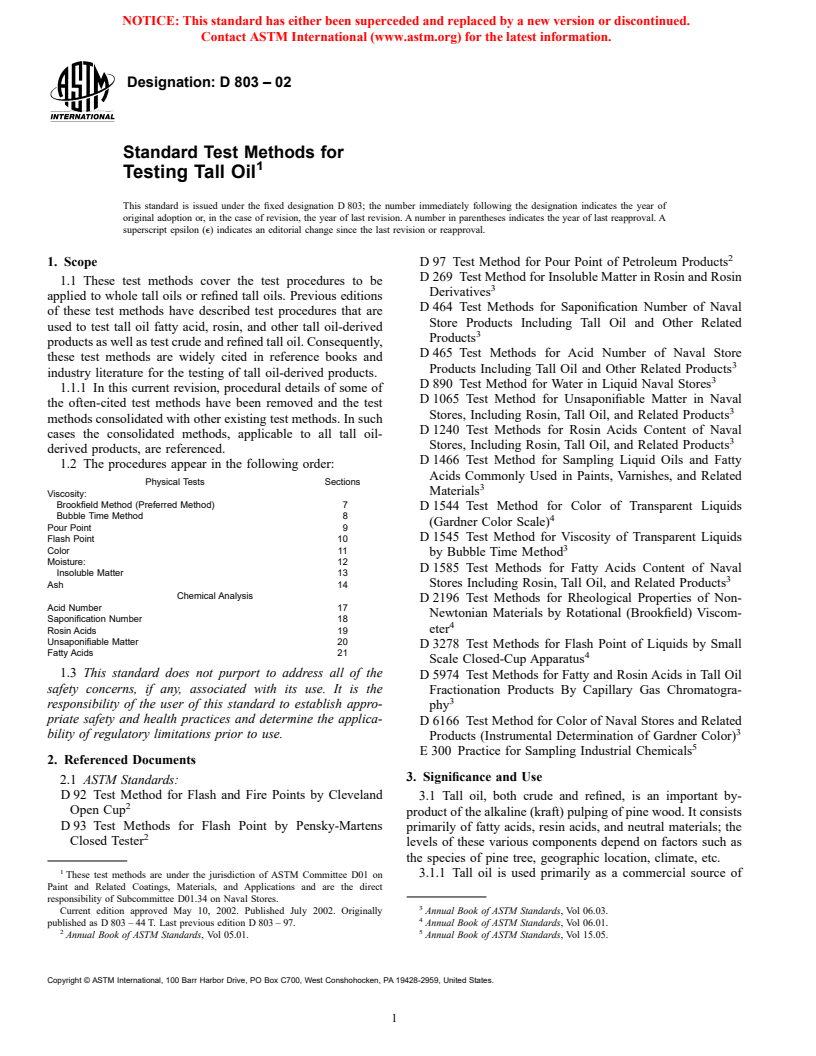 ASTM D803-02 - Standard Test Methods for Testing Tall Oil