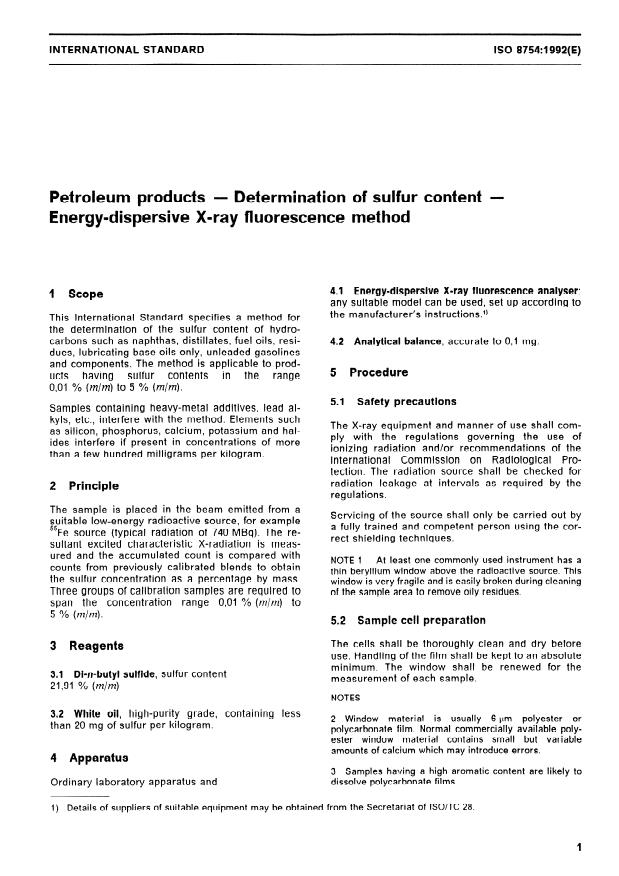 ISO 8754:1992 - Petroleum products -- Determination of sulfur content -- Energy-dispersive X-ray fluorescence method