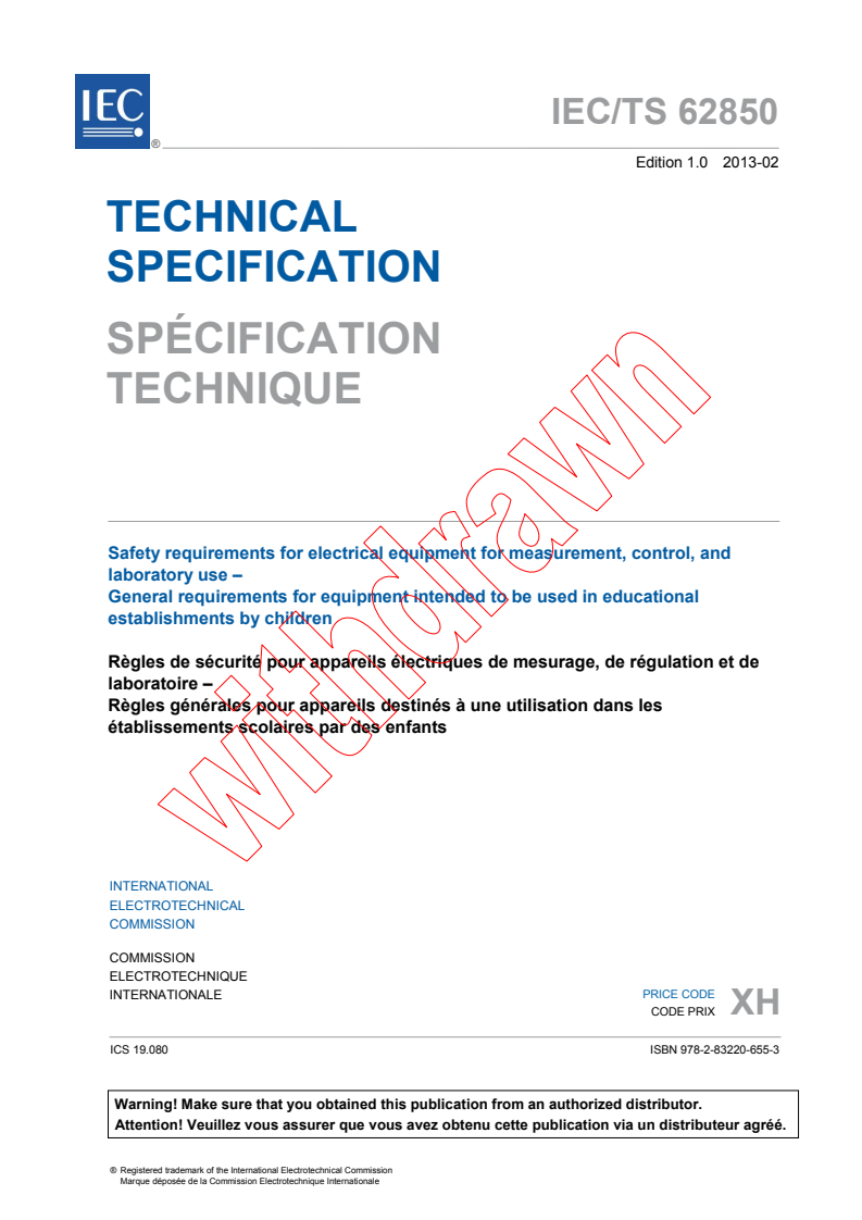 IEC TS 62850:2013 - Safety requirements for electrical equipment for measurement, control, and laboratory use - General requirements for equipment intended to be used in educational establishments by children
Released:2/22/2013
Isbn:9782832206553