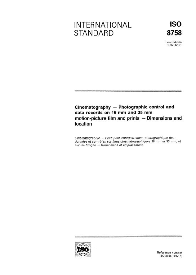 ISO 8758:1992 - Cinematography -- Photographic control and data records on 16 mm and 35 mm motion-picture film and prints -- Dimensions and location