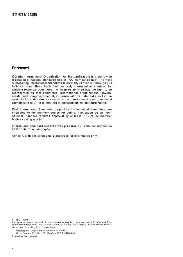 ISO 8758:1992 ISO 8758:1992 - Cinematography -- Photographic control and data records on 16 mm and 35 mm motion-picture film and prints -- Dimensions and location - Page 2 preview