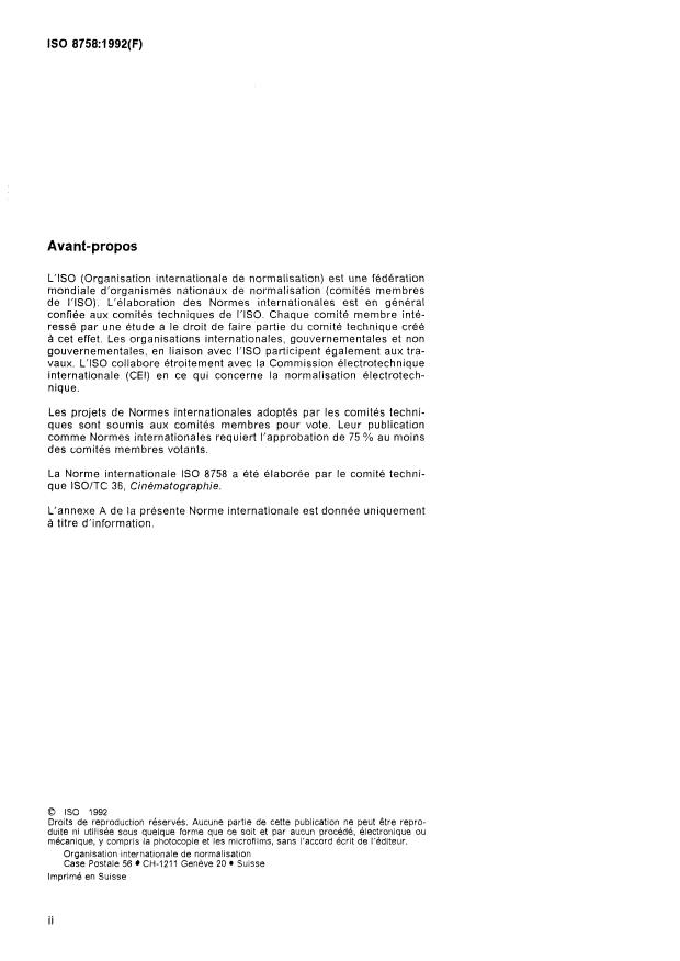 ISO 8758:1992 ISO 8758:1992 - Cinématographie -- Piste pour enregistrement photographique des données et contrôles sur films cinématographiques 16 mm et 35 mm, et sur les tirages -- Dimensions et emplacement - Page 2 preview