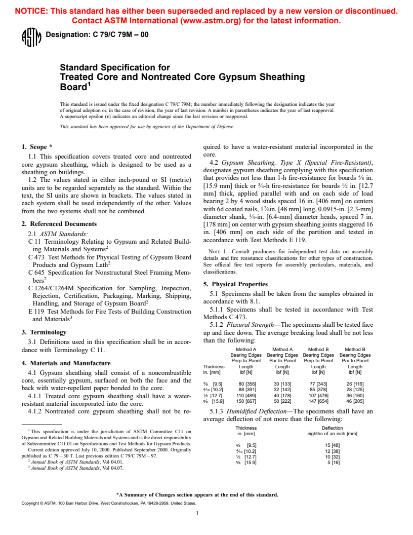 ASTM C79/C79M-00 - Standard Specification for Treated Core and Nontreated Core Gypsum Sheathing Board