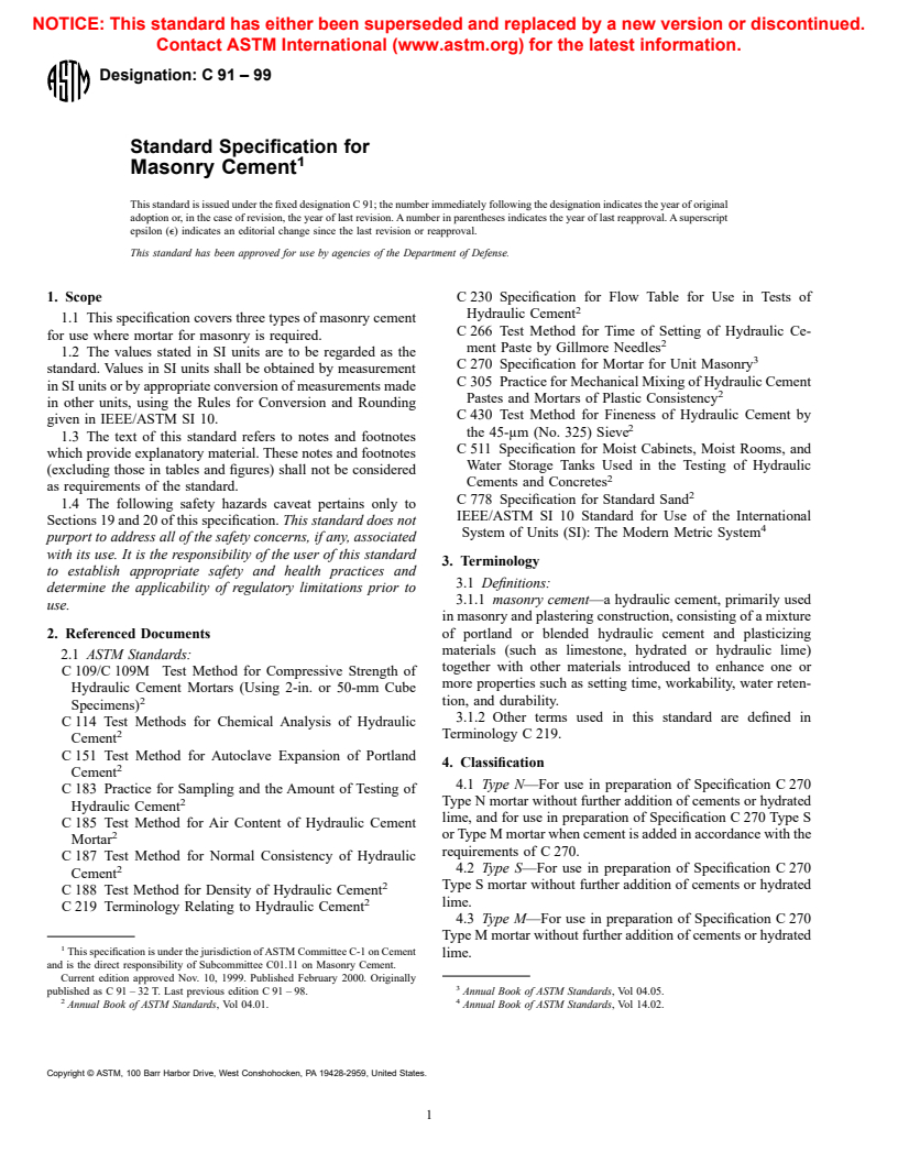 ASTM C91-99 - Standard Specification for Masonry Cement