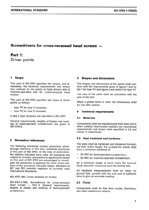 ISO 8764-1:1992 - Screwdrivers for cross-recessed head screws