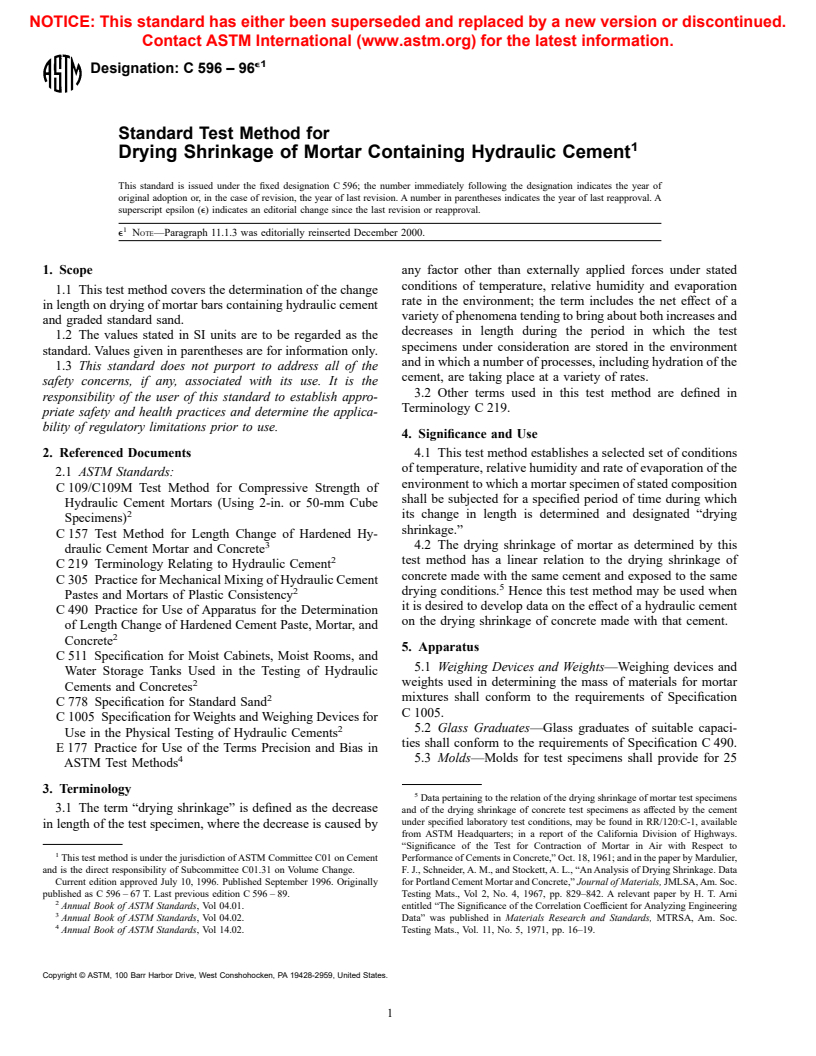 ASTM C596-96e1 - Standard Test Method for Drying Shrinkage of Mortar Containing Hydraulic Cement