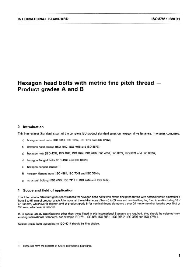 ISO 8765:1988 - Hexagon head bolts with metric fine pitch thread -- Product grades A and B